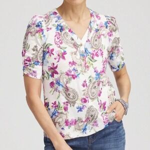 Chico's‎ Shirred Sleeve Floral Paisley Henley Top Size M 1 V Neck Cotton Modal